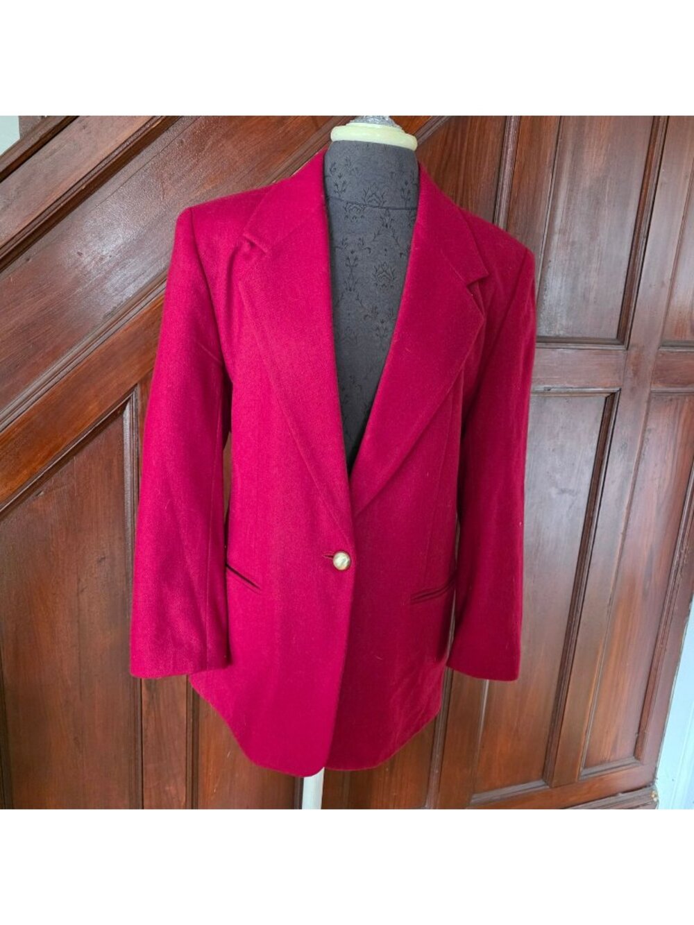 Leslie Fay Womens Red Wool Blazer With Notched Lapel & Single Button Size 10